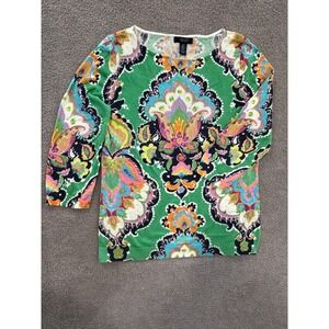 Chaps Women's Size L 3/4 Sleeve Top Green Multicolor Paisley Print 100% Cotton